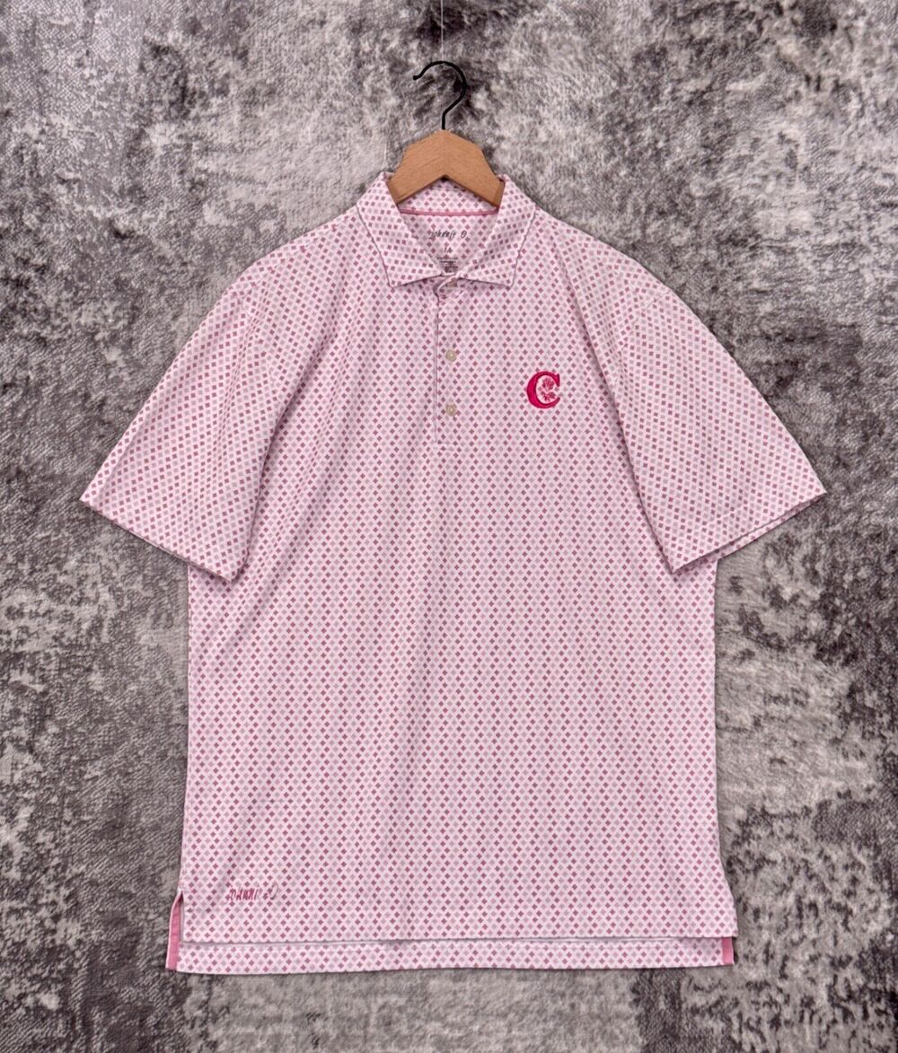 Johnnie O Polo Shirt Medium Mens Pink Floral Print Short Sleeve UPF 50 Golf